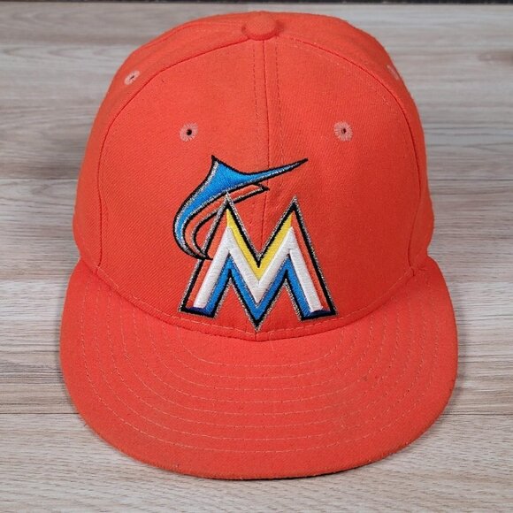 Vintage Miami Marlins New Era 59FIFTY Hat Cap Fitted Mens 7 Orange MLB Baseball - Picture 1 of 11